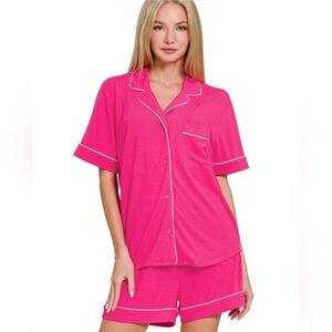 Fushia Shirt Sleeve Button Down Shirt & Short 2PCS Set